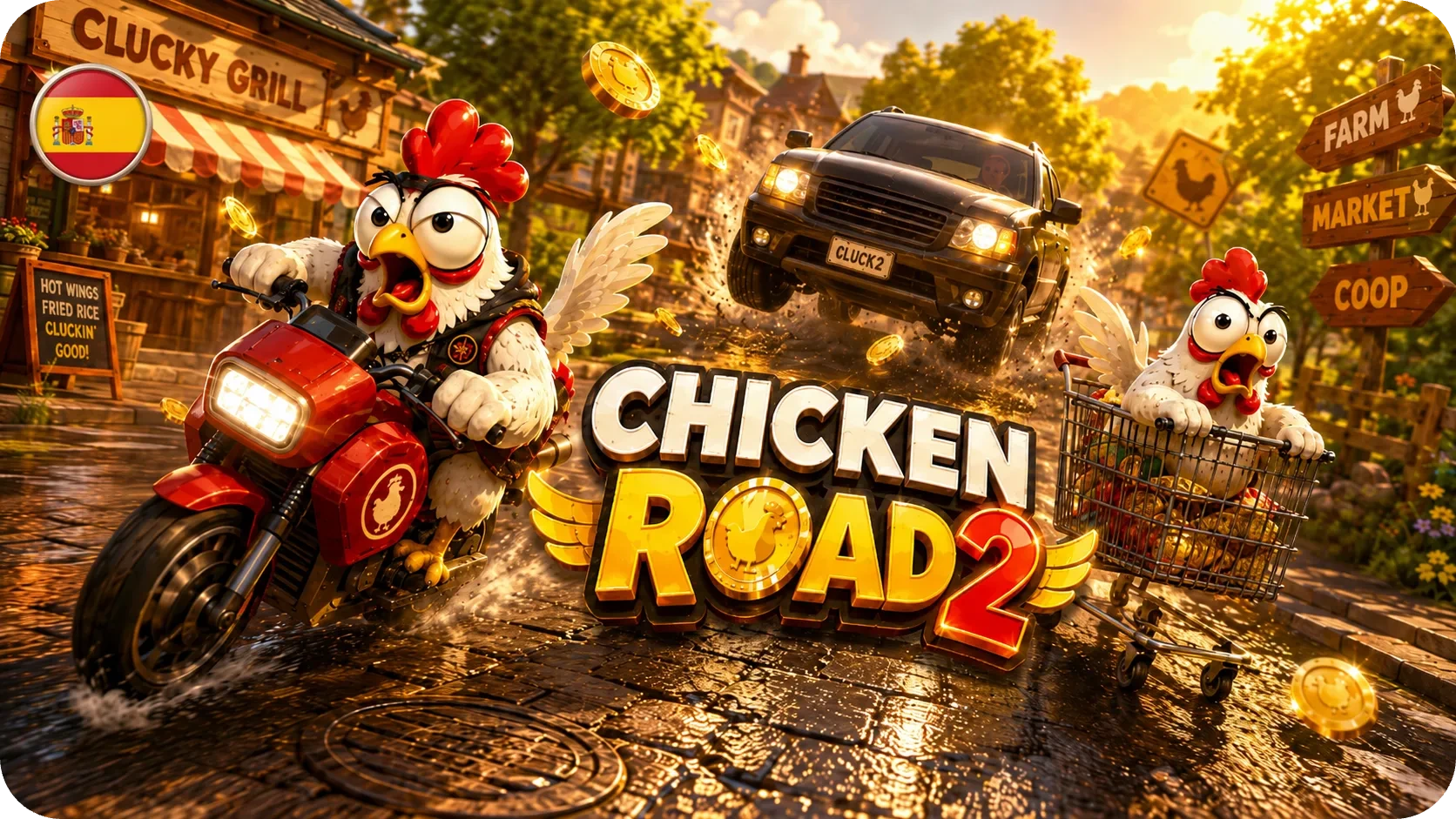 Chicken Road 2 con escena de carretera, tráfico y bandera de España
