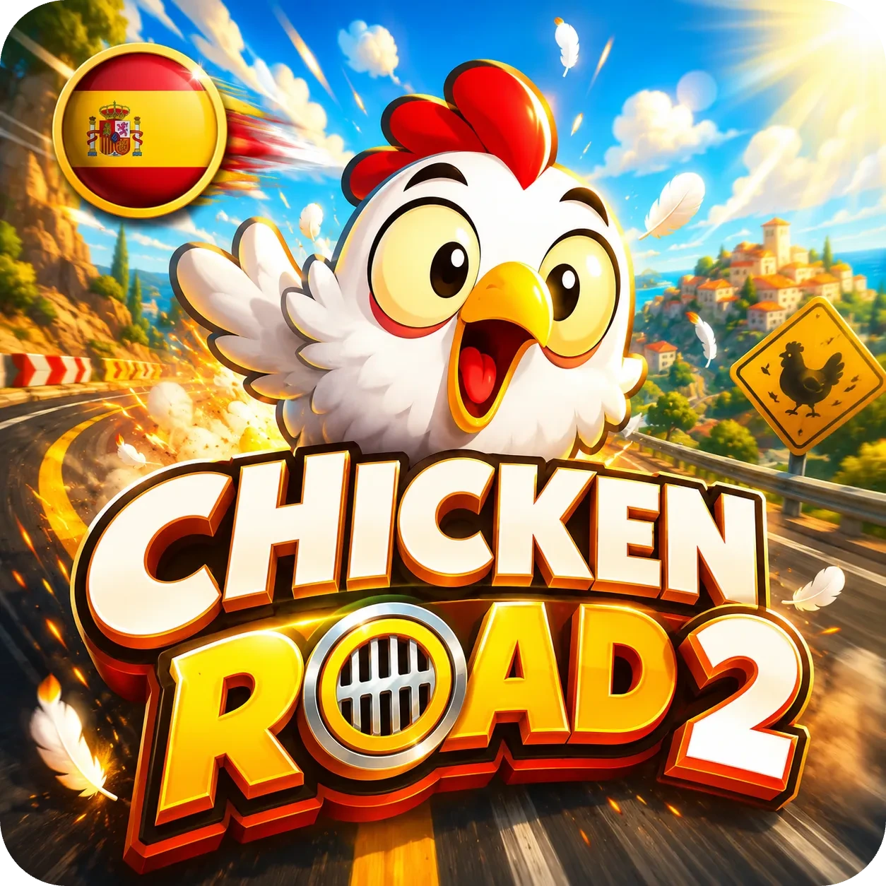 Chicken Road 2 con carretera soleada y bandera de España