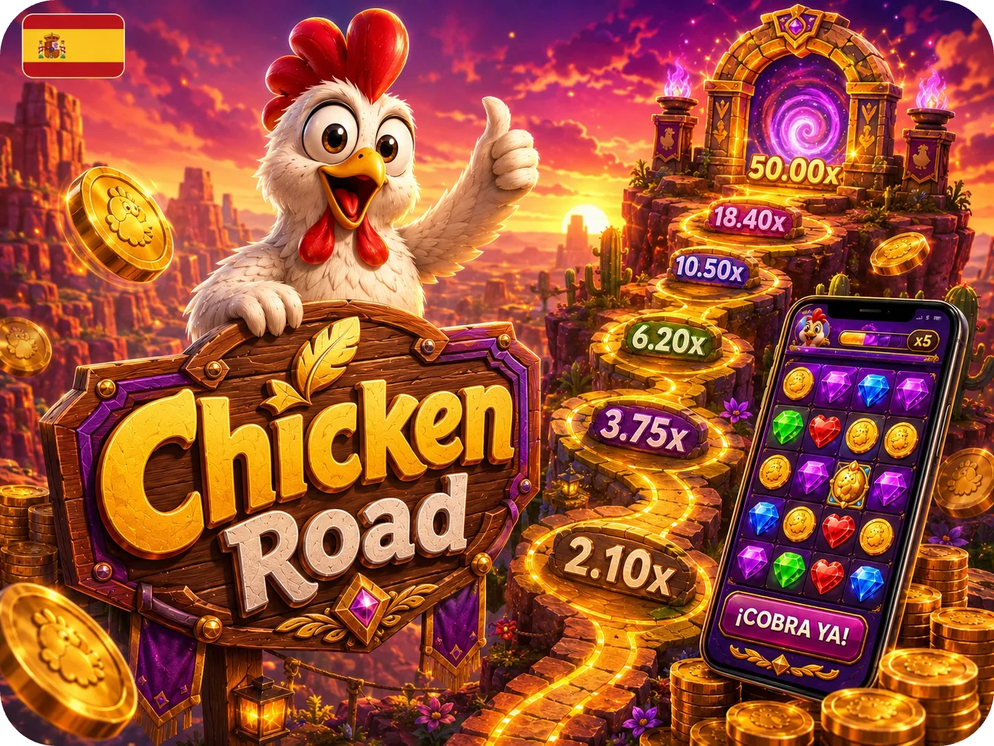 Chicken Road en entorno de casino con multiplicadores y pantalla móvil