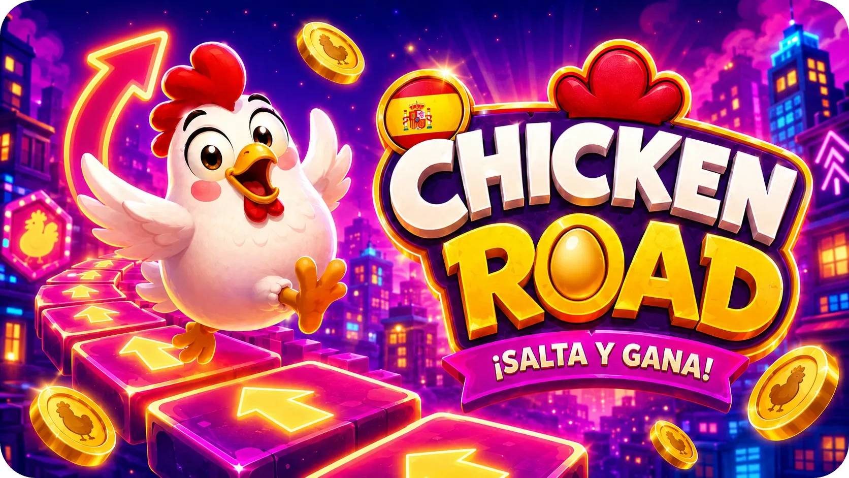 Chicken Road con camino iluminado, monedas y señal de avance