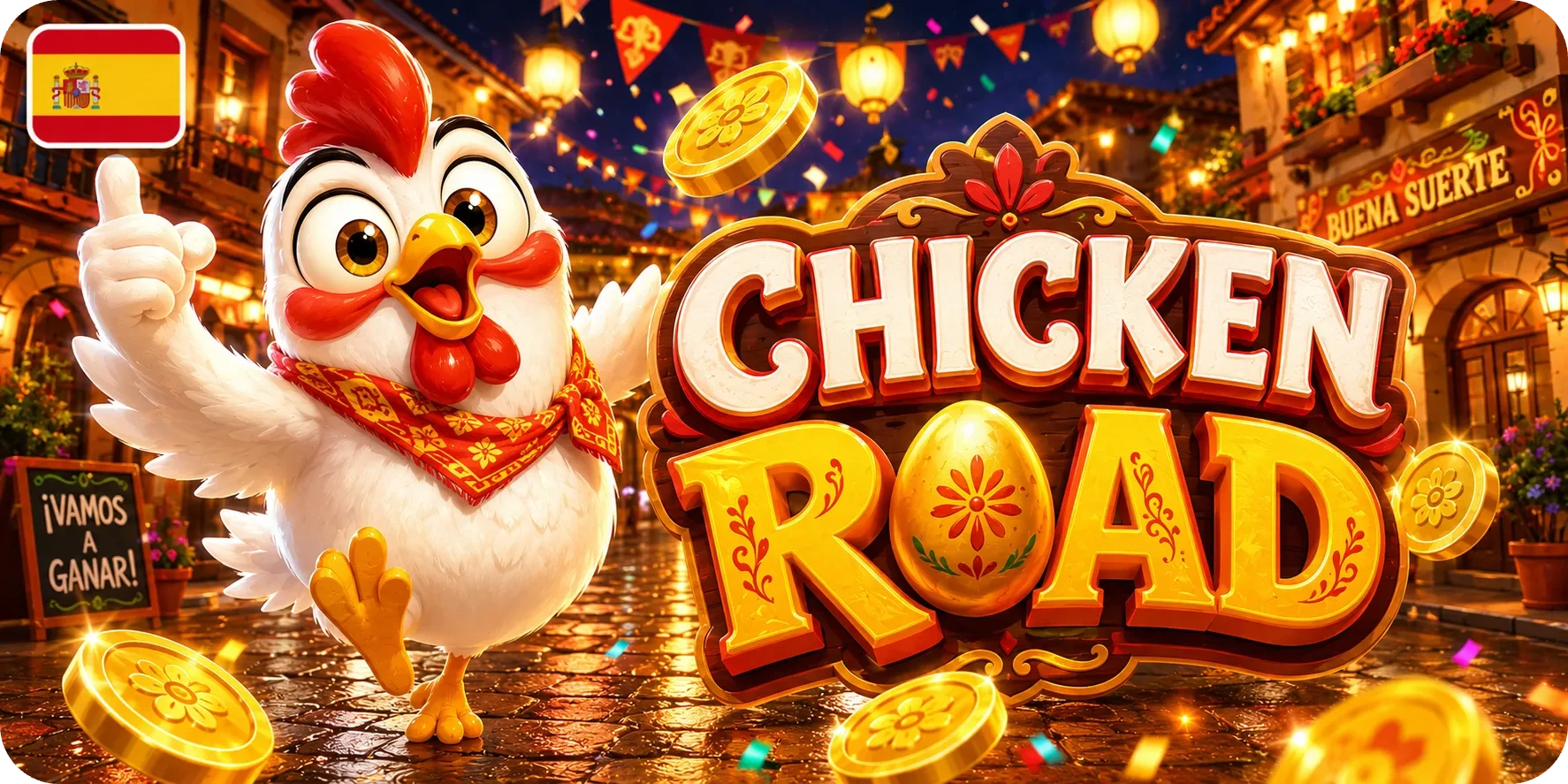 Chicken Road con estética festiva española, monedas y promoción
